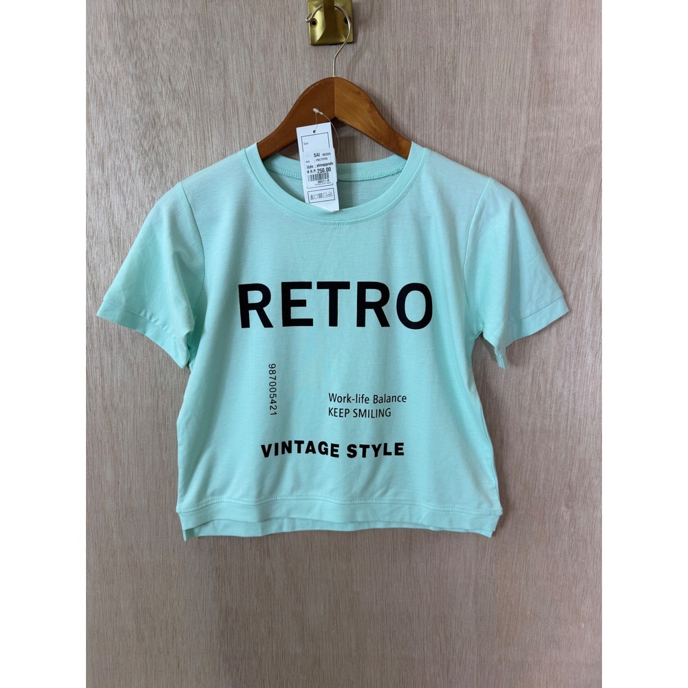 Retro Vintage Style Graphic T-Shirt Mint Green Short Sleeve Crop Top Size L